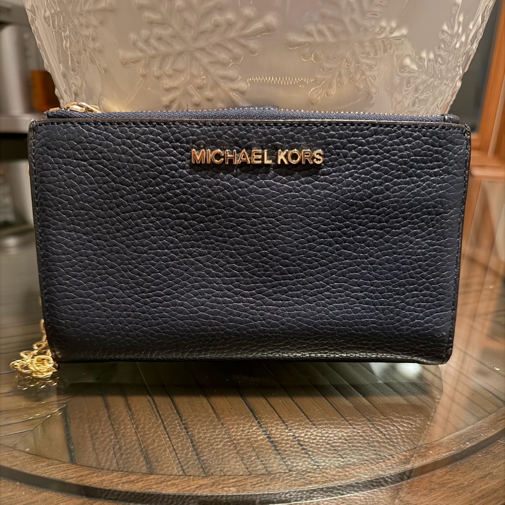 Michael Kors Navy Leather Wallet with Gold Accents